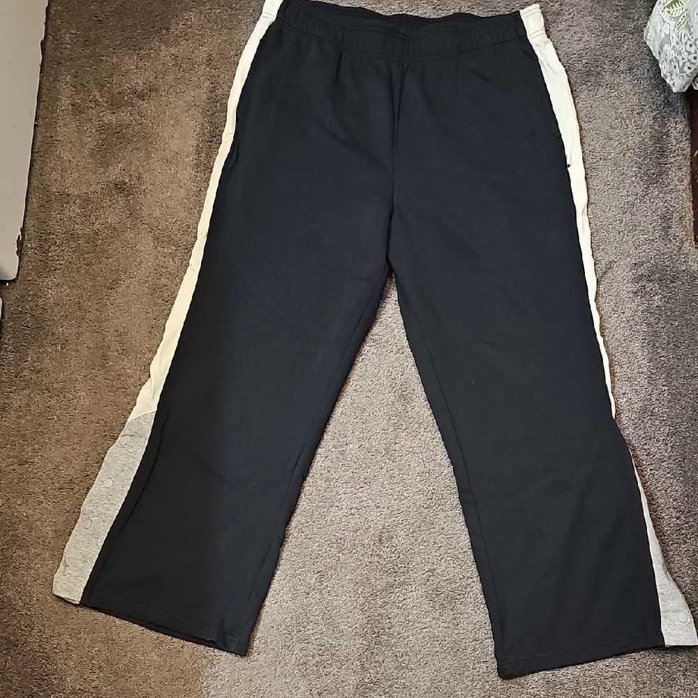 Fabletics Black Track Pants with Cream and Gray Stripes And Bottom Snaps